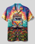 Front view of the Running Against The Wind Hawaiian shirt featuring vibrant colors and a retro van design.