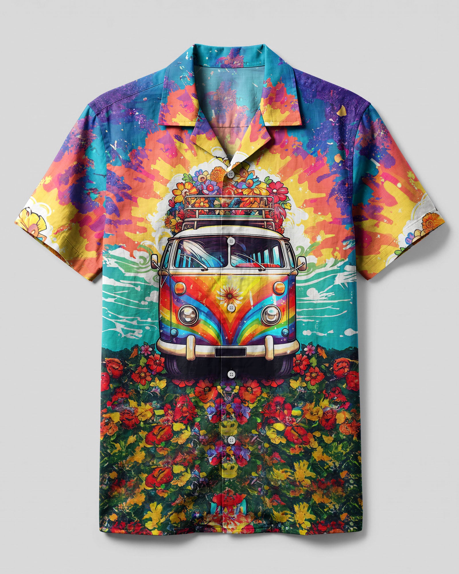 Running Against The Wind Hawaiian Shirt Front view of the Running Against The Wind Hawaiian shirt featuring vibrant colors and a retro van design.