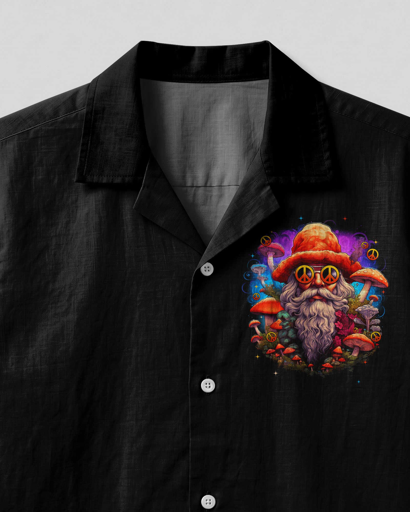 Vibrant Old Hippies Camp Shirt Close-up detail of the old hippies camp shirt highlighting intricate graphics and colorful artwork on the shoulders.