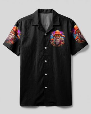Front view of the old hippies camp shirt in black featuring vibrant psychedelic designs on the sleeves.