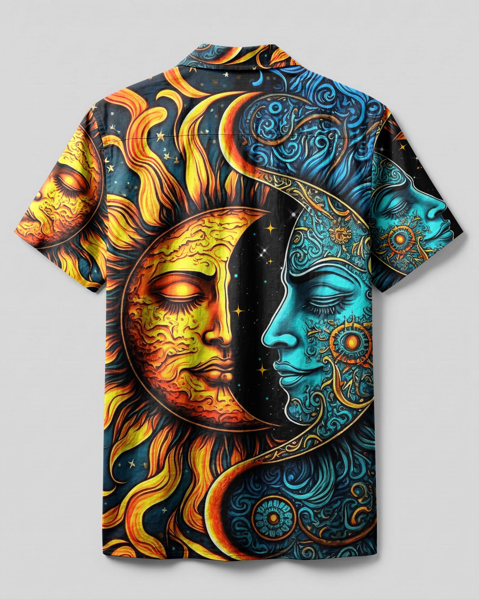 Sun and Moon Camp Shirt Back view of the sun and moon camp shirt showcasing its artistic sun and moon patterns against a dark backdrop.