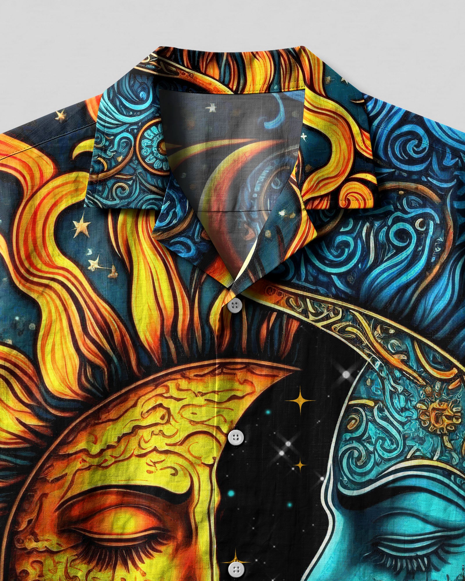 Sun and Moon Camp Shirt Close-up detail of the sun and moon camp shirt highlighting the vivid colors and unique artistic features.