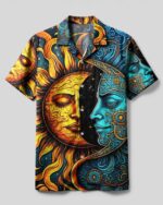 Front view of the sun and moon camp shirt featuring vibrant colors and intricate celestial designs.