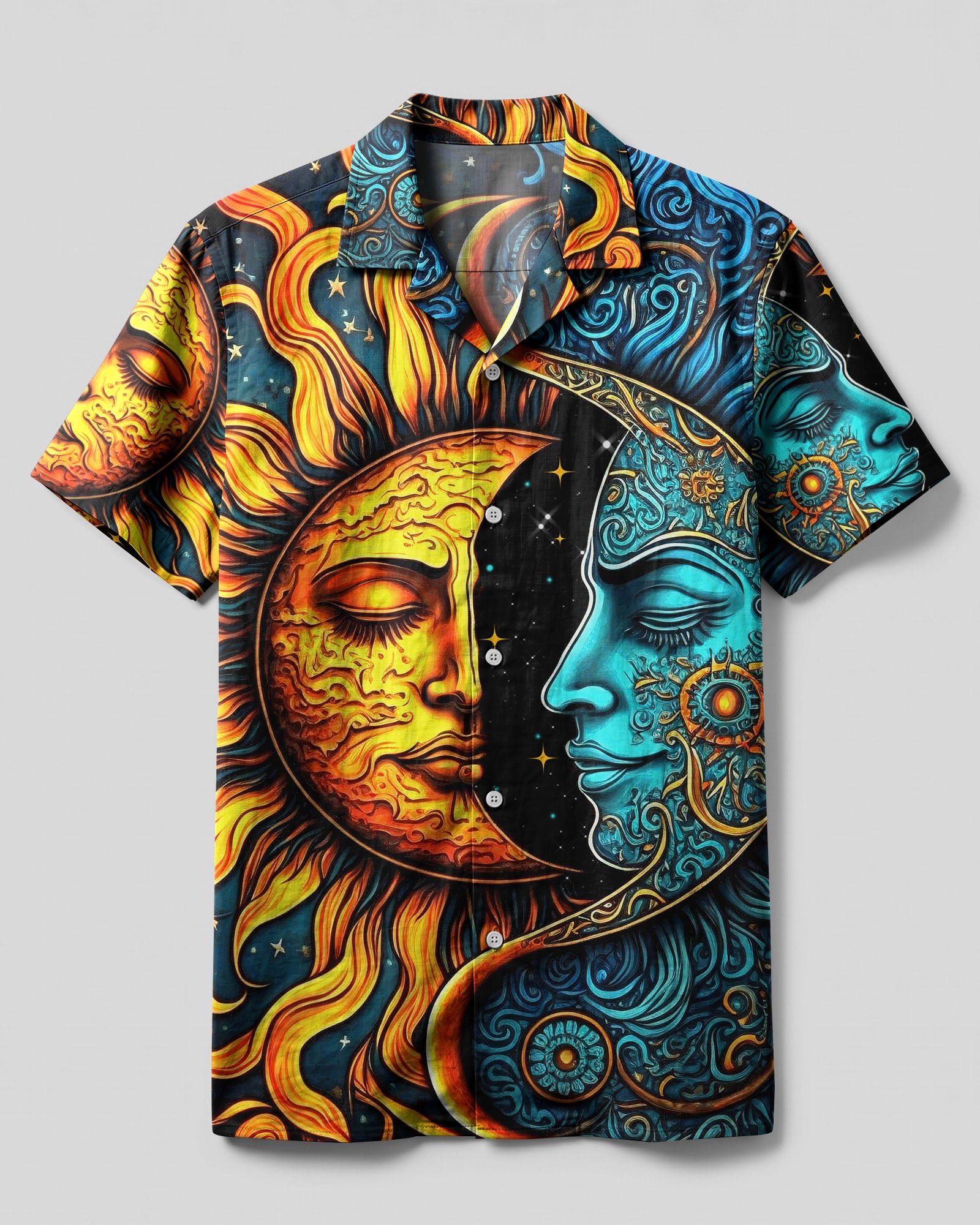 Sun and Moon Camp Shirt Front view of the sun and moon camp shirt featuring vibrant colors and intricate celestial designs.