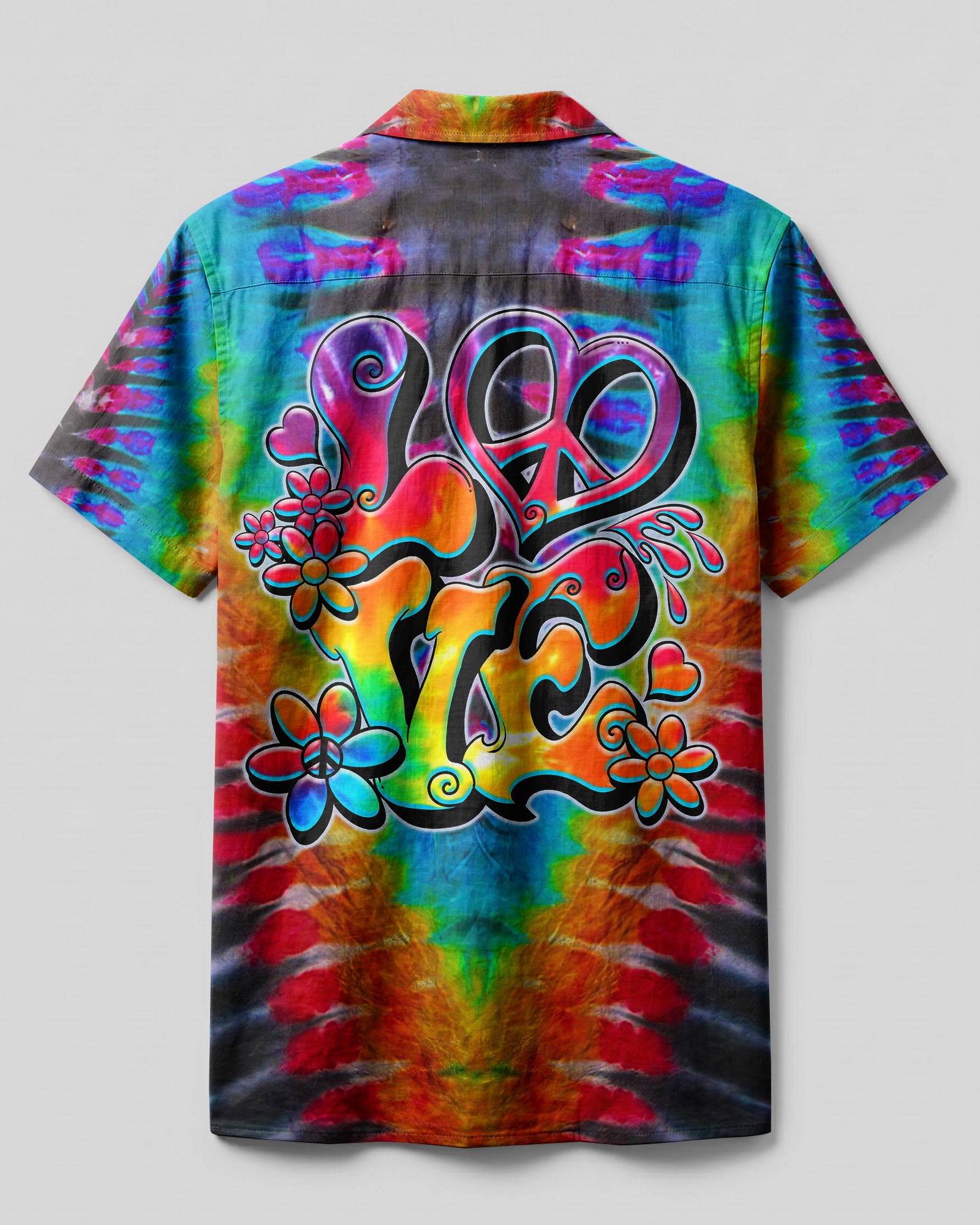 Love Tie Dye Camp Shirt Back view of the love tie dye camp shirt featuring a colorful swirl pattern and relaxed fit.
