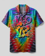 Front view of the love tie dye camp shirt showcasing vibrant colors and bold 'LOVE' design.