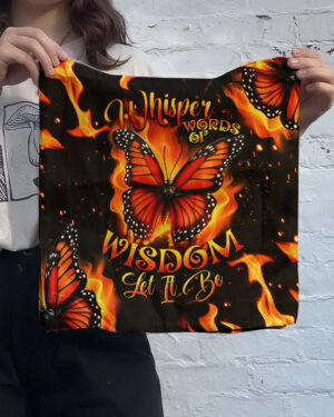 Front view of the whisper words of wisdom butterfly tote bag featuring vibrant orange butterflies on a black background.