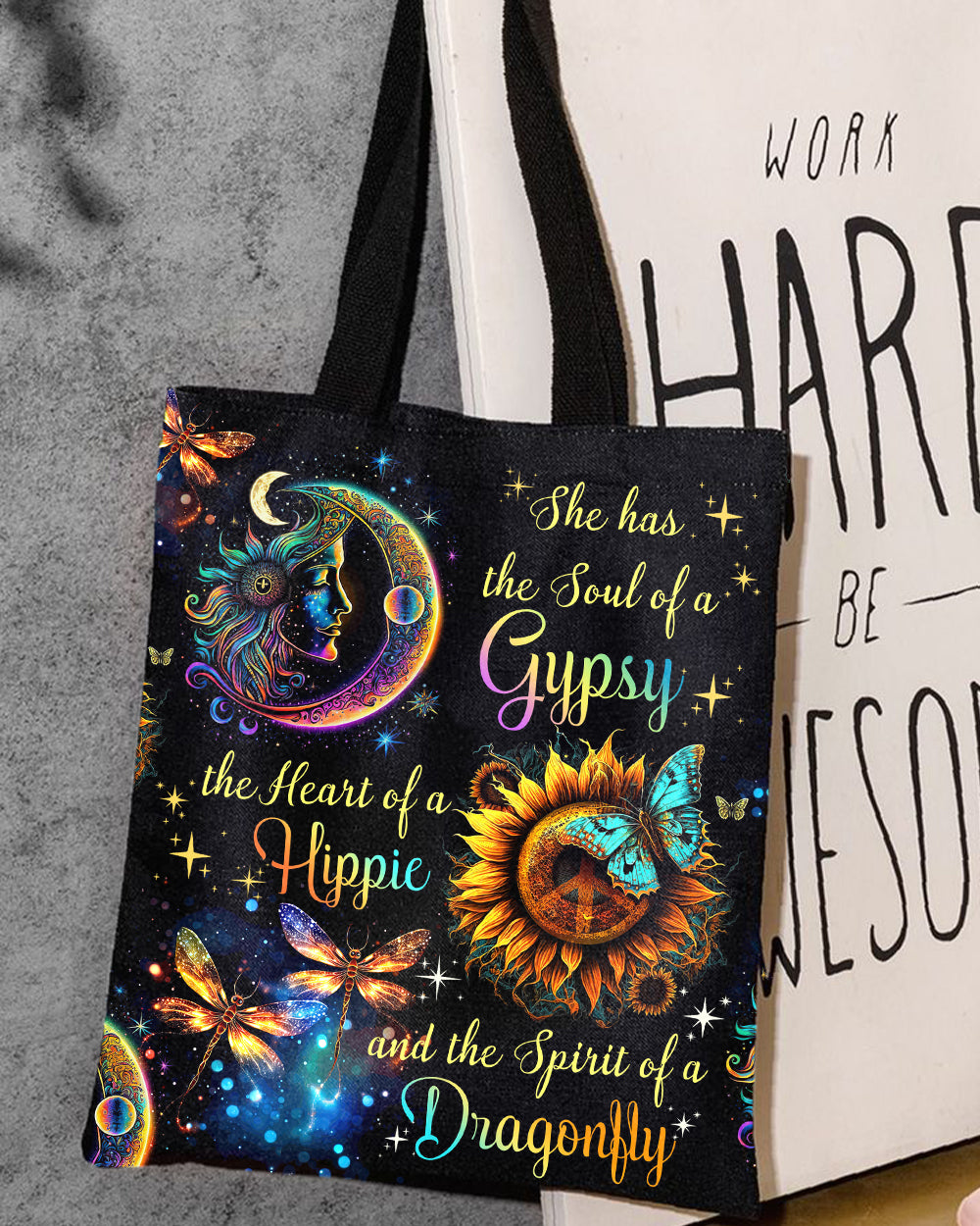 Spirit of a Dragonfly Tote Bag Close-up detail of the spirit of a dragonfly tote bag showcasing intricate butterfly and sunflower graphics.