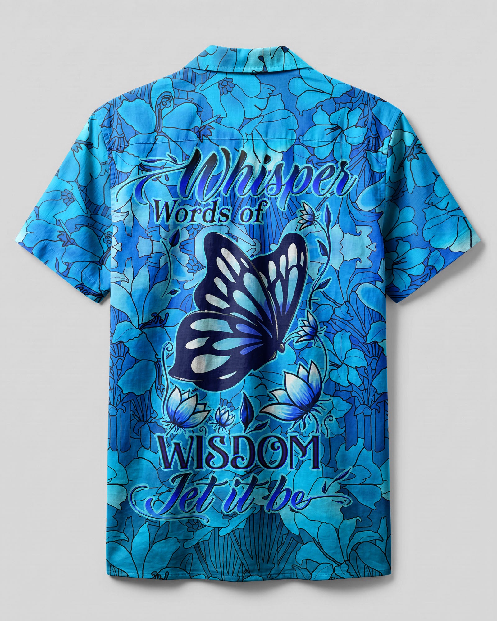 Whisper Words Of Wisdom Camp Shirt Back view of the Whisper Words Of Wisdom Camp Shirt showcasing the vibrant blue and detailed floral patterns.