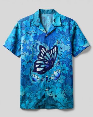 Front view of the blue Whisper Words Of Wisdom Camp Shirt featuring a butterfly and floral design.