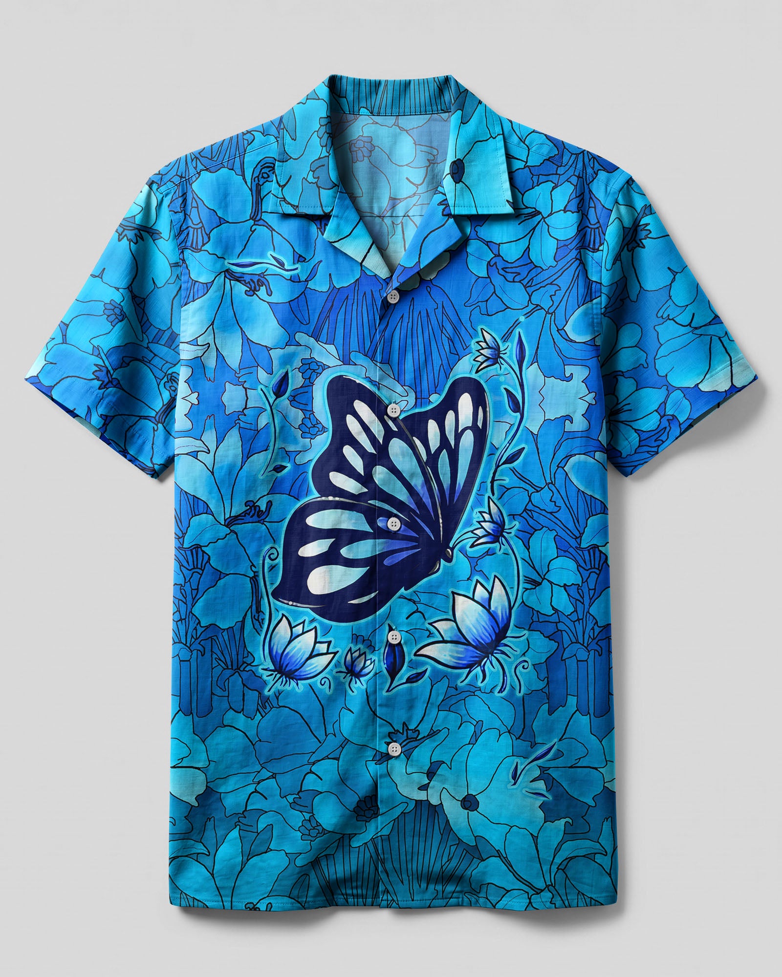 Whisper Words Of Wisdom Camp Shirt Front view of the blue Whisper Words Of Wisdom Camp Shirt featuring a butterfly and floral design.