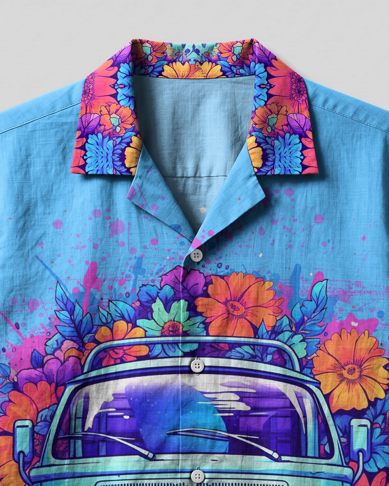 Running Against The Wind Camp Shirt Close-up detail of the Running Against The Wind Camp Shirt's intricate floral design and peace symbol accents.