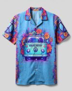 Front view of the vibrant blue Running Against The Wind Camp Shirt featuring floral designs and a vintage van.