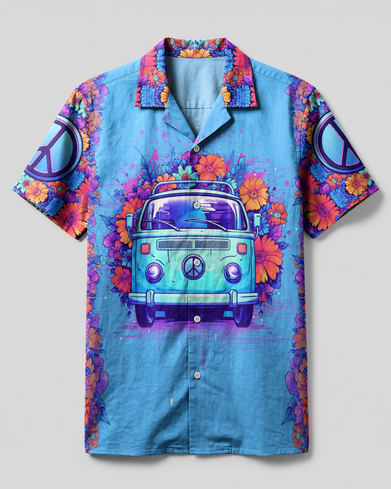 Running Against The Wind Camp Shirt Front view of the vibrant blue Running Against The Wind Camp Shirt featuring floral designs and a vintage van.