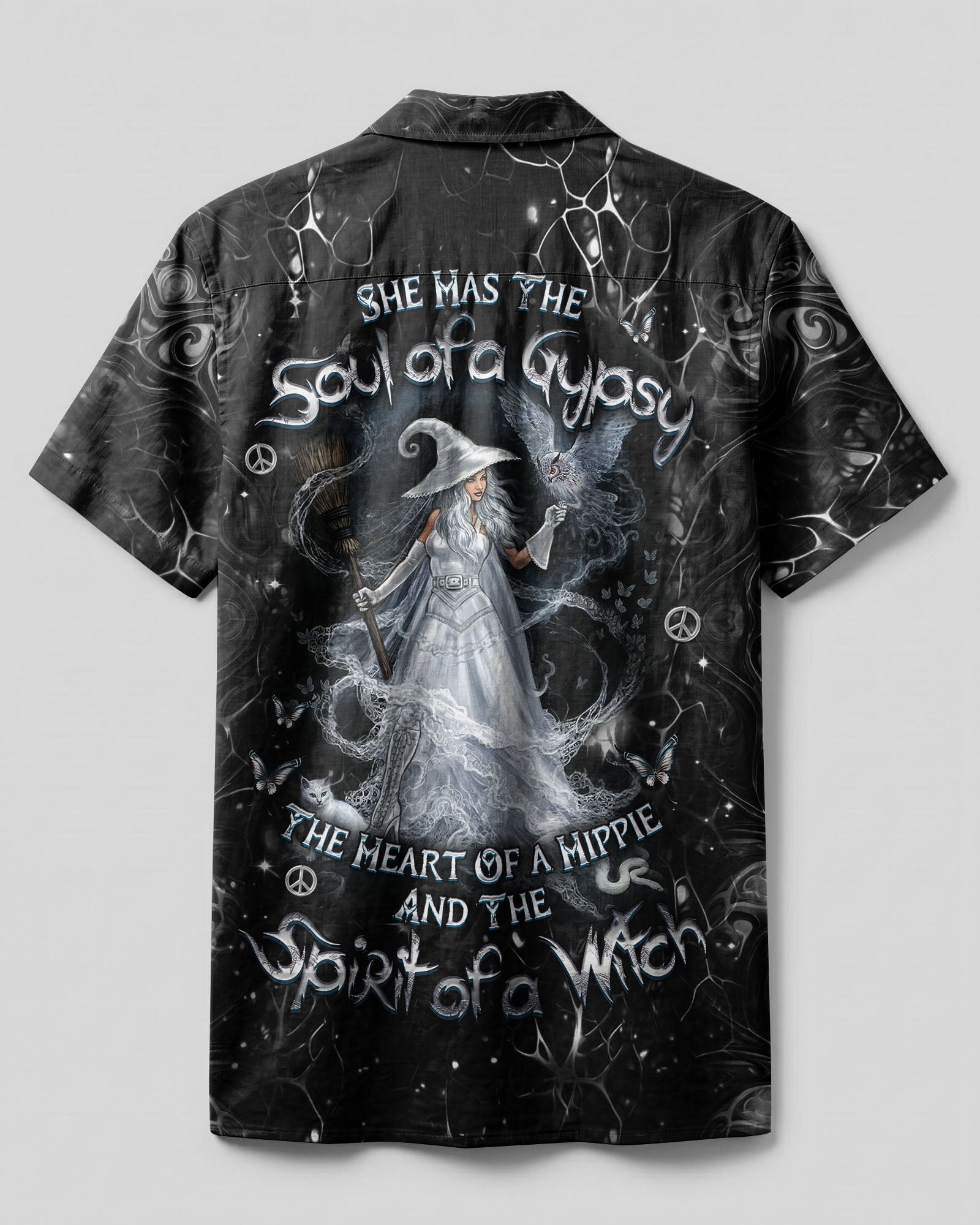 Spirit Of A Witch Camp Shirt Back view of the Spirit Of A Witch camp shirt showcasing its intricate patterns and dark hues.