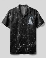 Front view of the Spirit Of A Witch camp shirt featuring a mystical design on a black background.