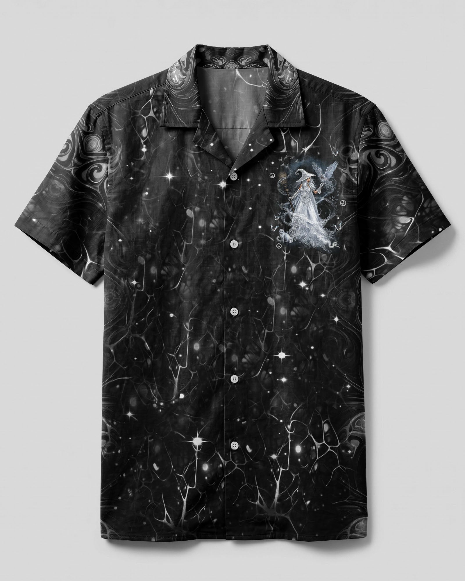 Spirit Of A Witch Camp Shirt Front view of the Spirit Of A Witch camp shirt featuring a mystical design on a black background.