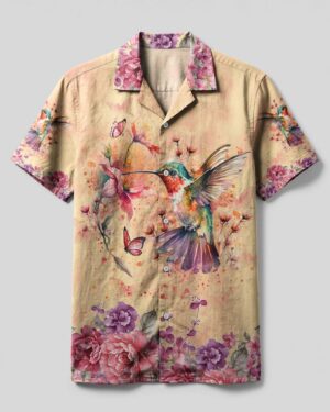 Front view of the Just Breathe Hummingbird Camp Shirt with vibrant floral and hummingbird design.