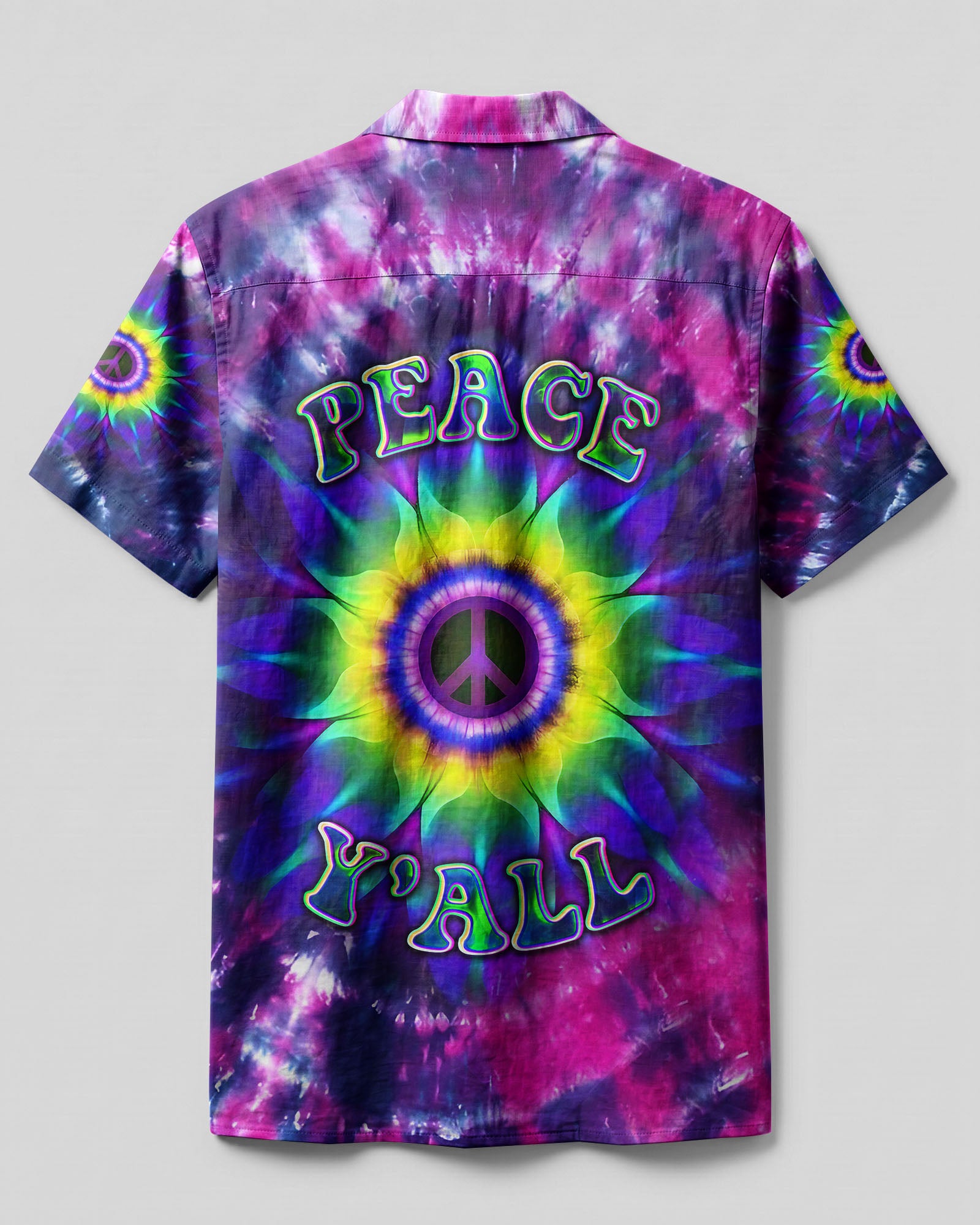 Peace Y'All Tie Dye Camp Shirt Back view of the Peace Y'All Tie Dye Camp Shirt highlighting the colorful design with a peace symbol.