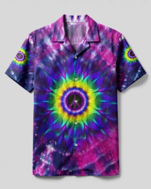 Front view of the Peace Y'All Tie Dye Camp Shirt showcasing vibrant purple and green tie-dye patterns.