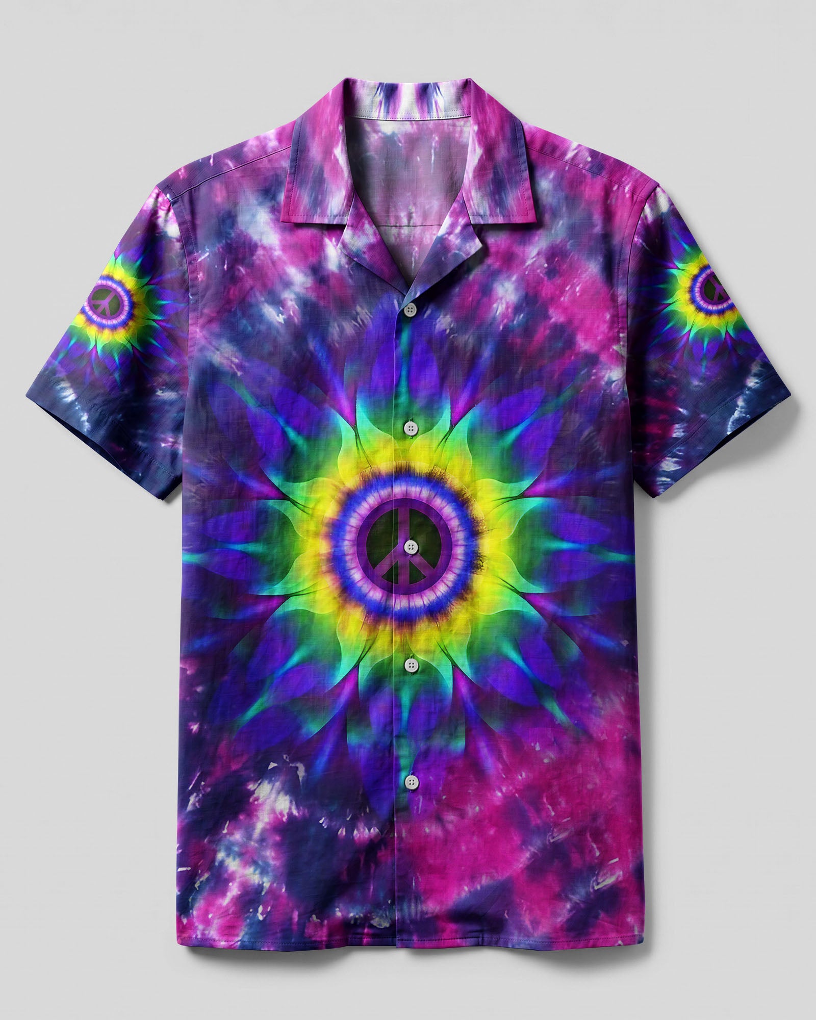 Peace Y'All Tie Dye Camp Shirt Front view of the Peace Y'All Tie Dye Camp Shirt showcasing vibrant purple and green tie-dye patterns.
