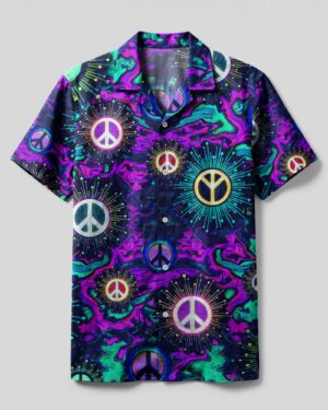 Front view of the hippie peace sign camp shirt in vibrant colors with peace symbols and sunburst designs.