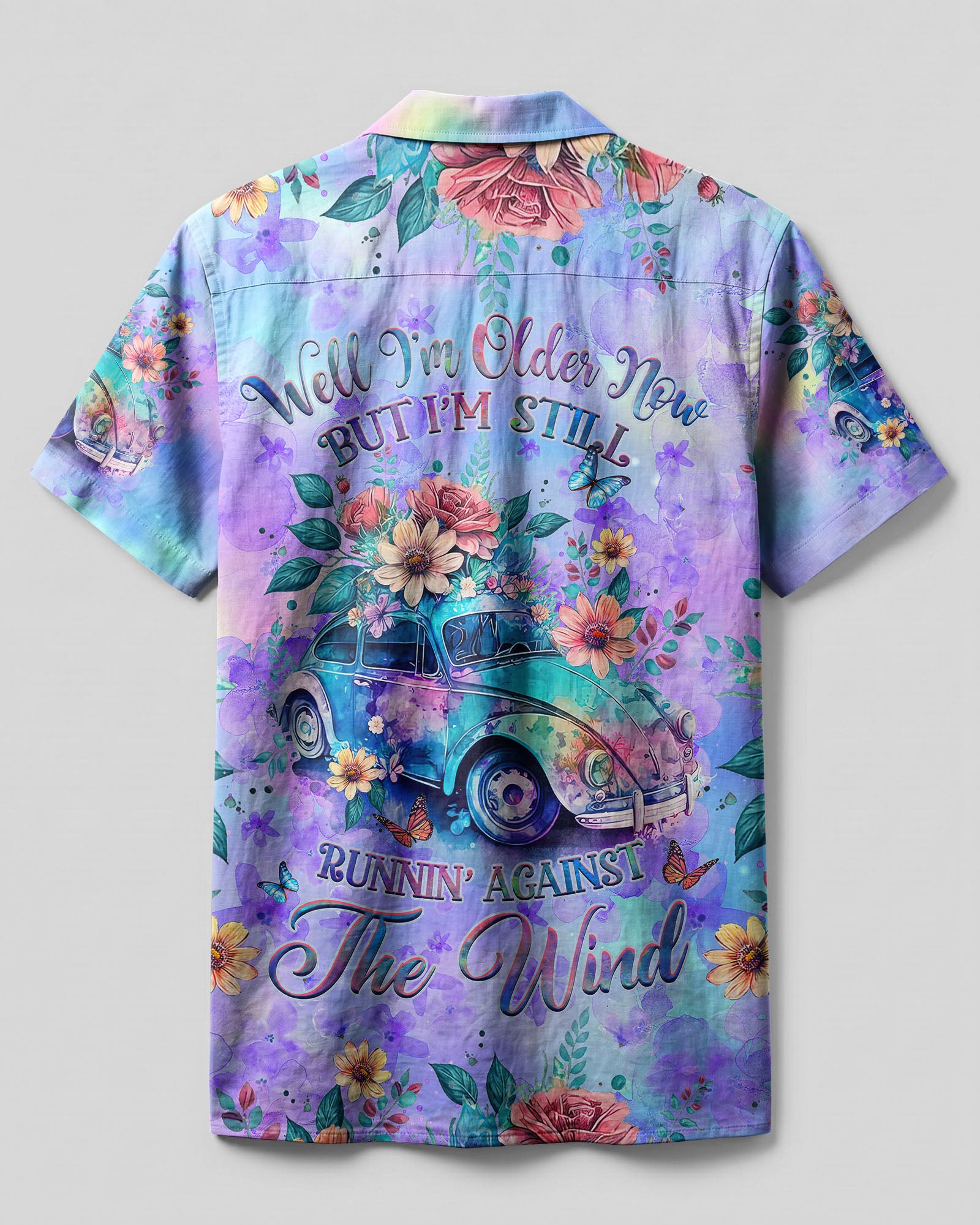 Running Against The Wind Floral Camp Shirt Back view of the running against the wind camp shirt showcasing colorful floral patterns against a light backdrop.