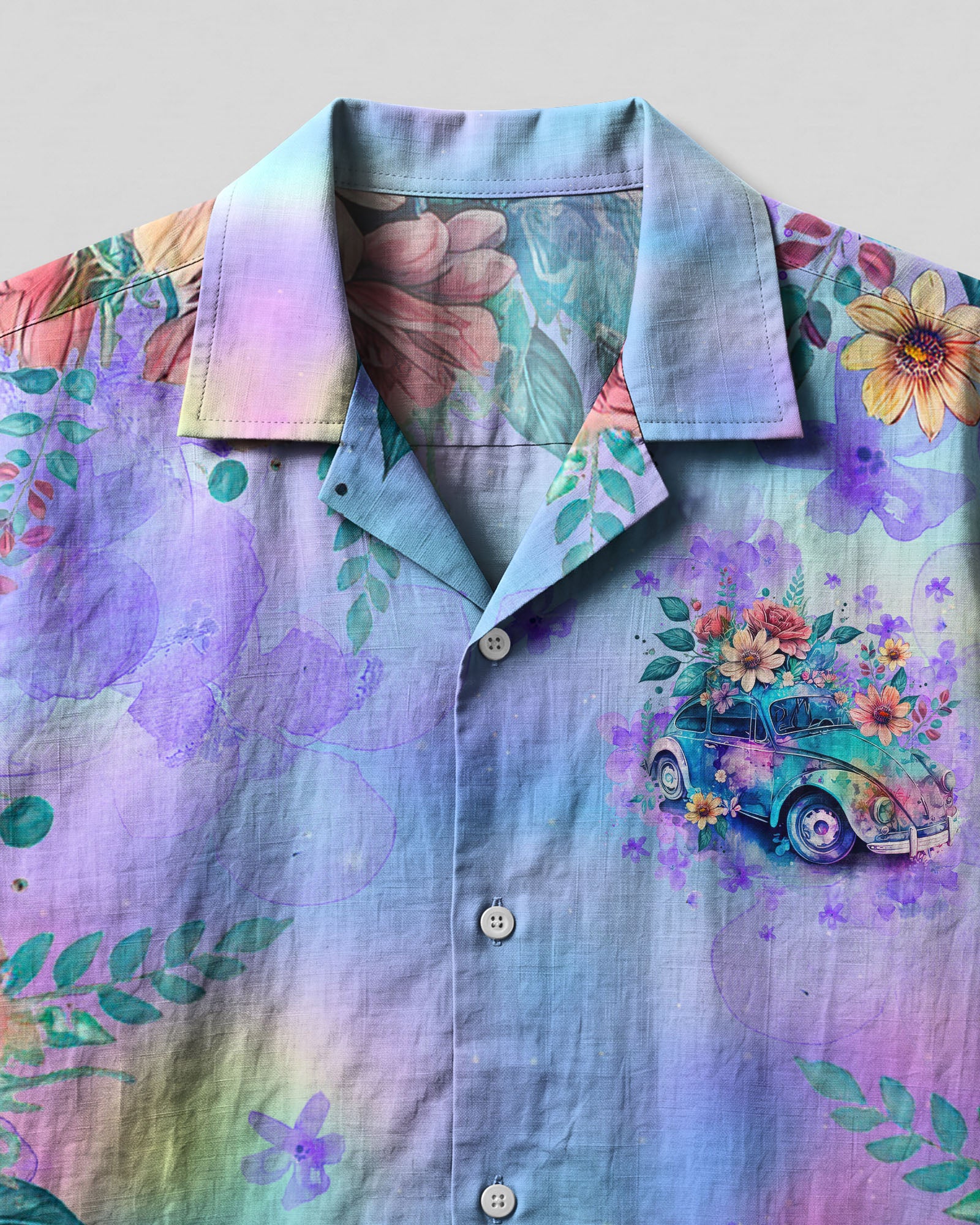 Running Against The Wind Floral Camp Shirt Close-up detail of the running against the wind camp shirt highlighting intricate floral illustrations and fabric texture.