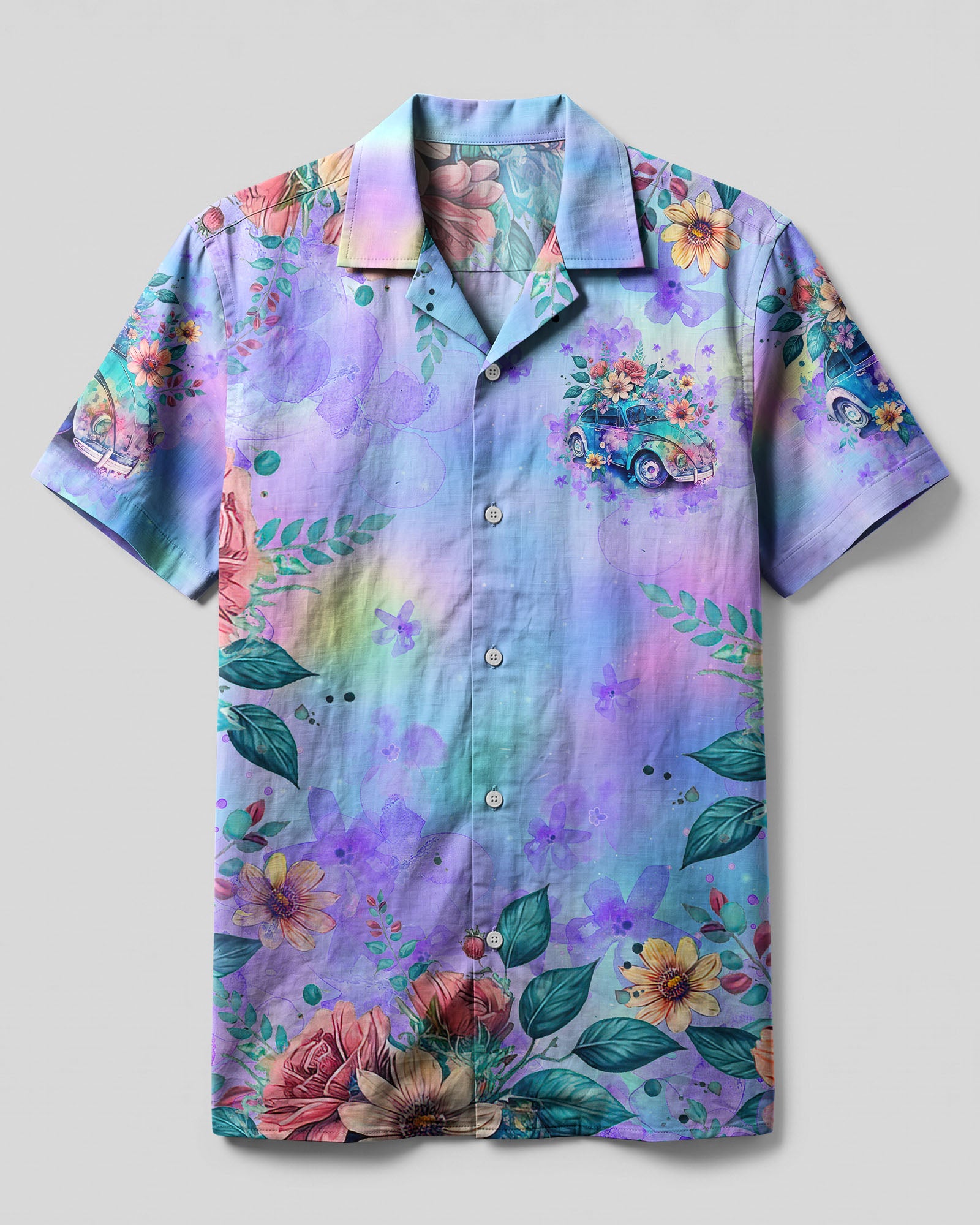 Running Against The Wind Floral Camp Shirt Front view of the running against the wind camp shirt featuring vibrant floral designs in soft pastel colors.