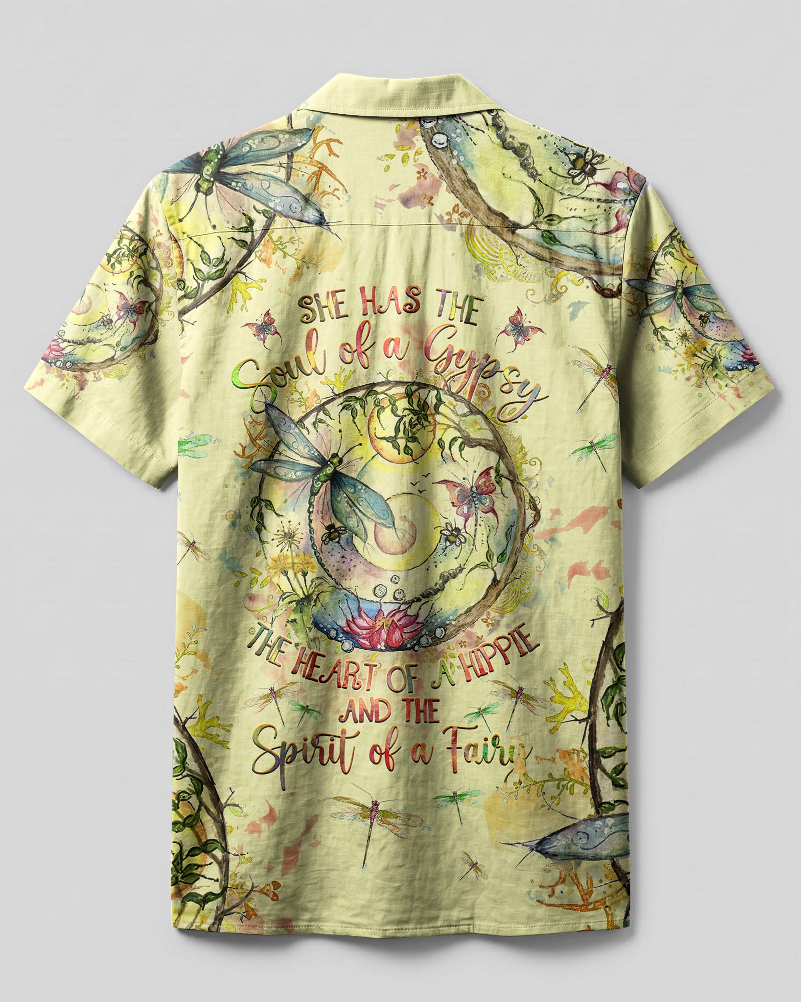 Spirit Of A Fairy Dragonfly Camp Shirt Back view of the spirit of a fairy dragonfly camp shirt highlighting intricate dragonfly artwork and a whimsical pattern.