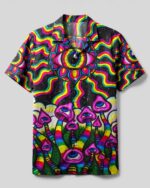Front view of the hippie eyes mushroom camp shirt showcasing vibrant colors and eye-catching psychedelic design.