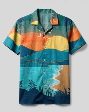 Front view of the sandy toes sunkissed nose camp shirt showcasing vibrant sunset colors and nature-inspired design.