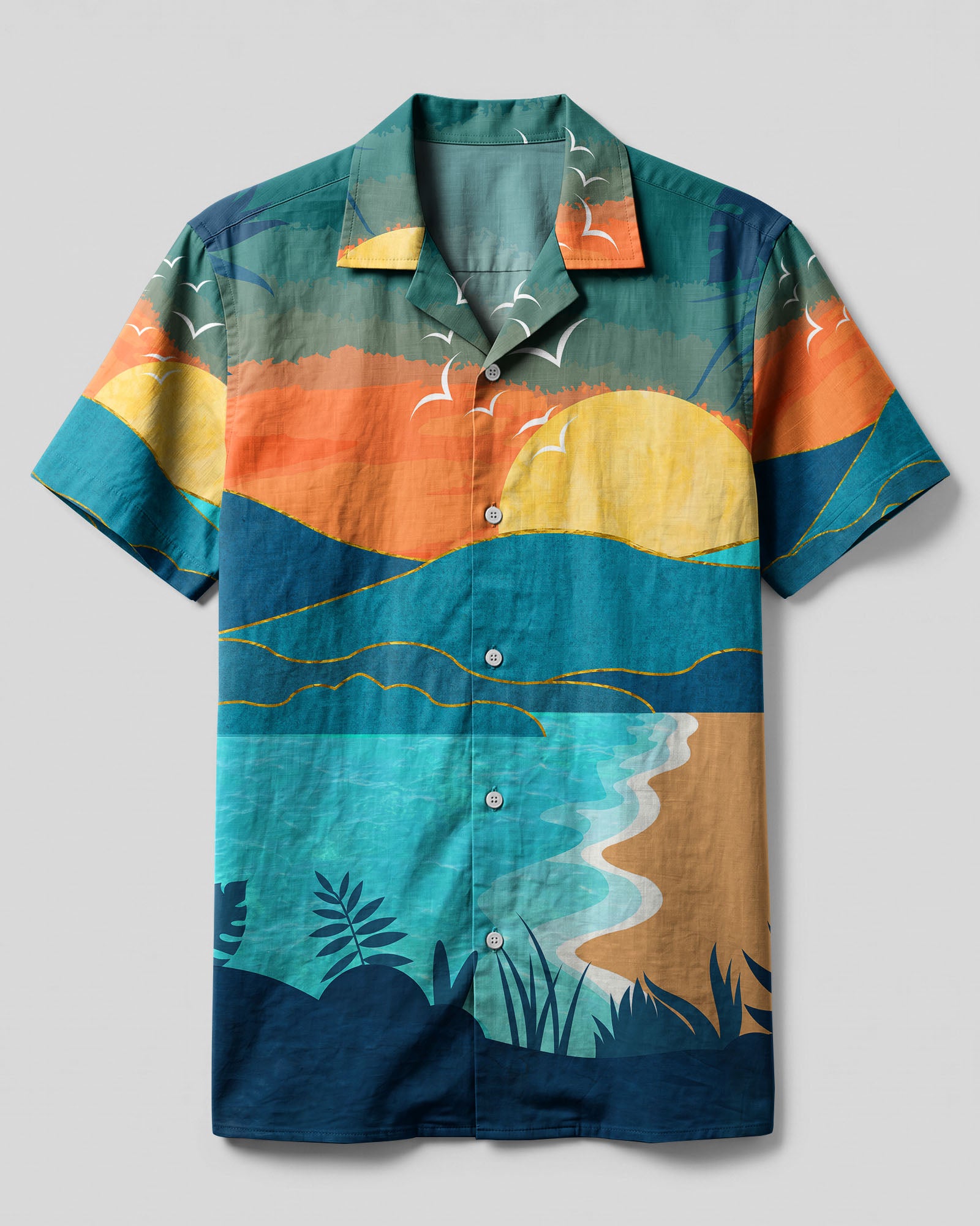 Sandy Toes Sunkissed Nose Camp Shirt Front view of the sandy toes sunkissed nose camp shirt showcasing vibrant sunset colors and nature-inspired design.