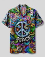 Front view of the vibrant peace trippy hippie camp shirt featuring colorful swirls and a peace sign design.