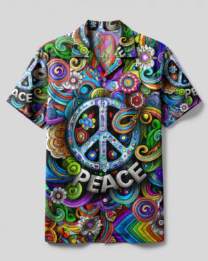 Front view of the vibrant peace trippy hippie camp shirt featuring colorful swirls and a peace sign design.