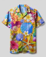 Front view of a vibrant floral starfish Hawaiian shirt with colorful designs and short sleeves.