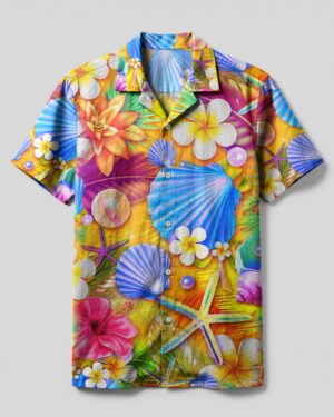Front view of a vibrant floral starfish Hawaiian shirt with colorful designs and short sleeves.