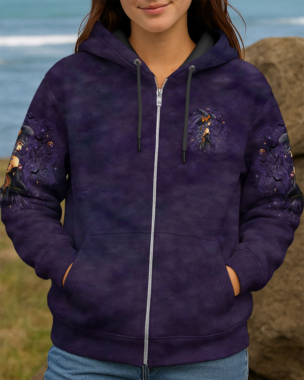 A Wee Bit Wicked Witch Shirt | All Over Print Casual setting featuring a person wearing the a wee bit wicked witch shirt, ideal for spooky season.