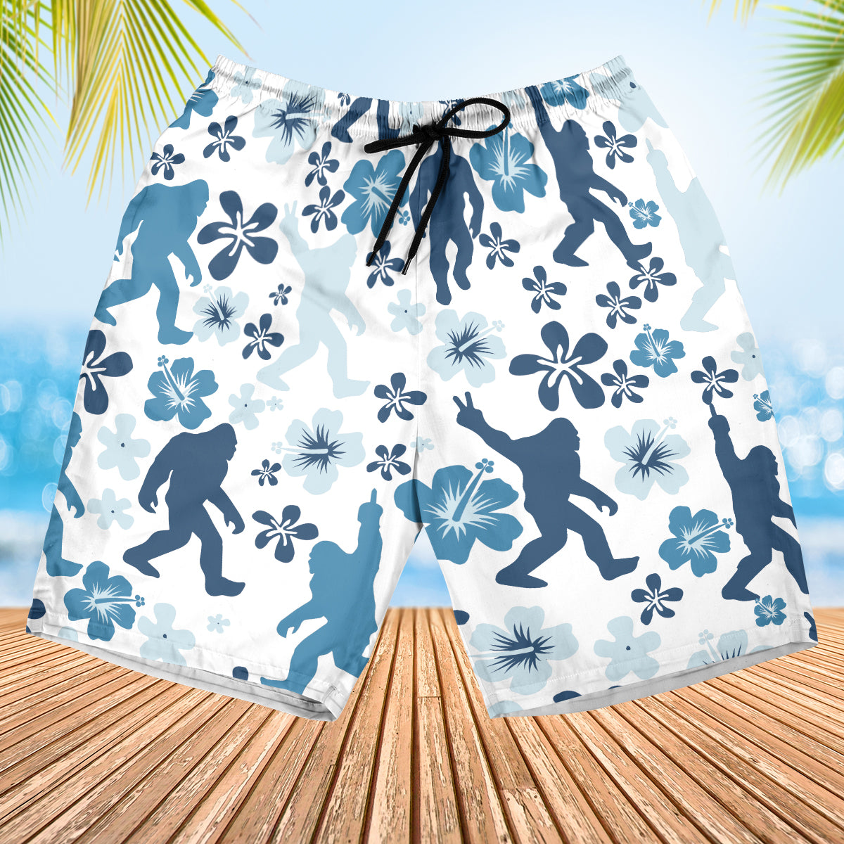 Bigfoot Hibiscus Blue Hawaiian Shirt Model laughing while wearing the funny Bigfoot hibiscus blue Hawaiian shirt at a summer barbecue.