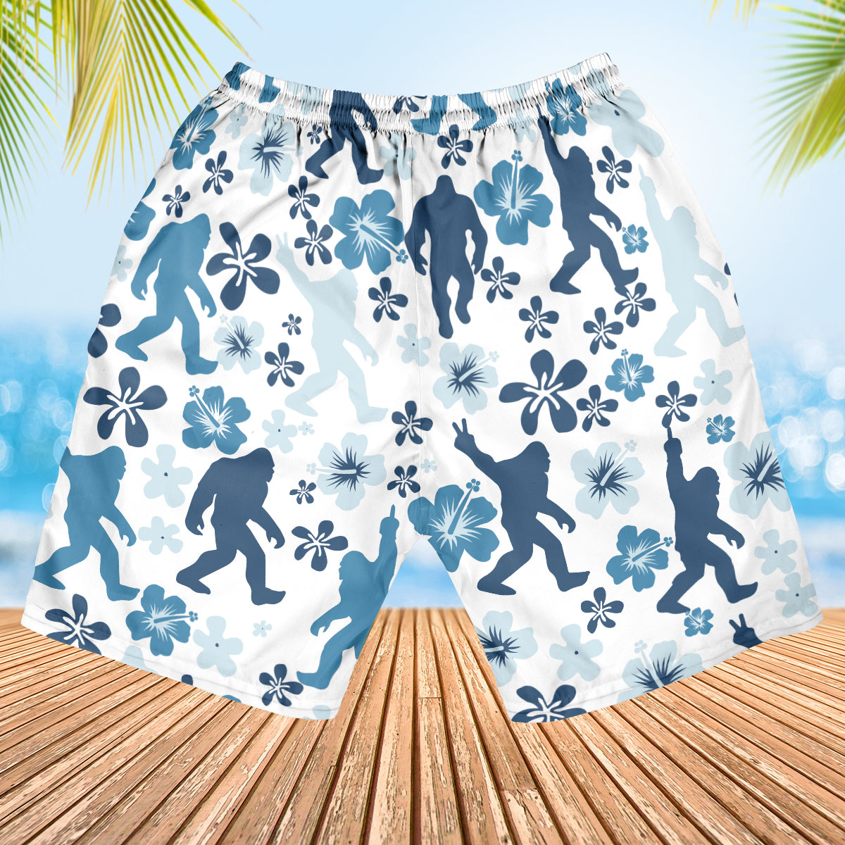 Bigfoot Hibiscus Blue Hawaiian Shirt Casual wear of the funny Bigfoot hibiscus blue Hawaiian shirt paired with shorts, perfect for summer outings.