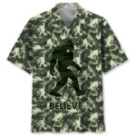 Front view of the Bigfoot Believe camouflage Hawaiian shirt showcasing its unique design and vibrant green colors.