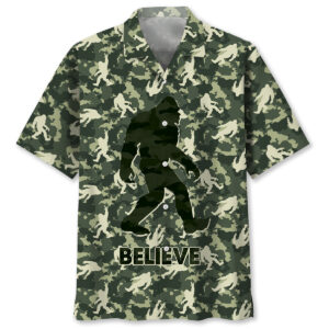 Front view of the Bigfoot Believe camouflage Hawaiian shirt showcasing its unique design and vibrant green colors.