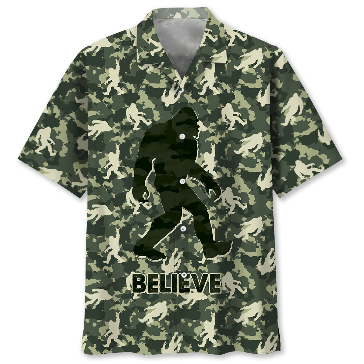 Bigfoot Believe Camouflage Hawaiian Shirt Front view of the Bigfoot Believe camouflage Hawaiian shirt showcasing its unique design and vibrant green colors.