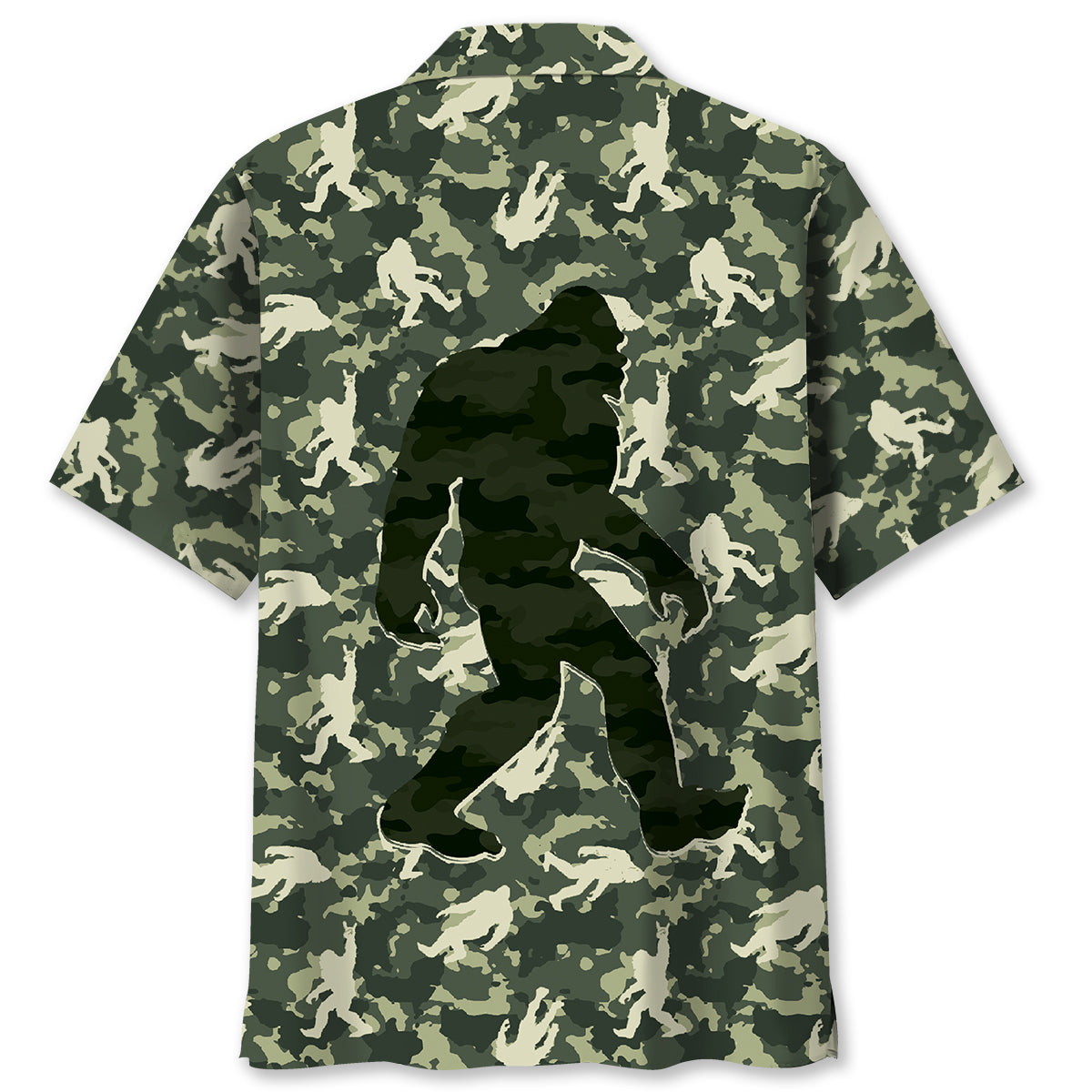 Bigfoot Believe Camouflage Hawaiian Shirt Back view of the Bigfoot Believe camouflage Hawaiian shirt featuring a stylish cut and detailed fabric texture.