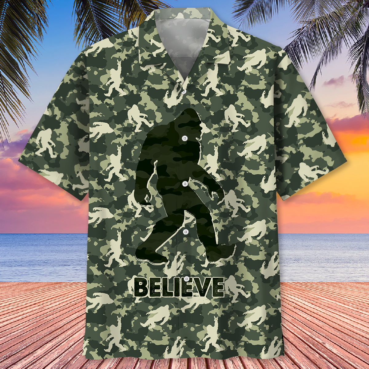 Bigfoot Believe Camouflage Hawaiian Shirt Close-up detail of the Bigfoot Believe camouflage Hawaiian shirt highlighting the intricate camouflage pattern and print.