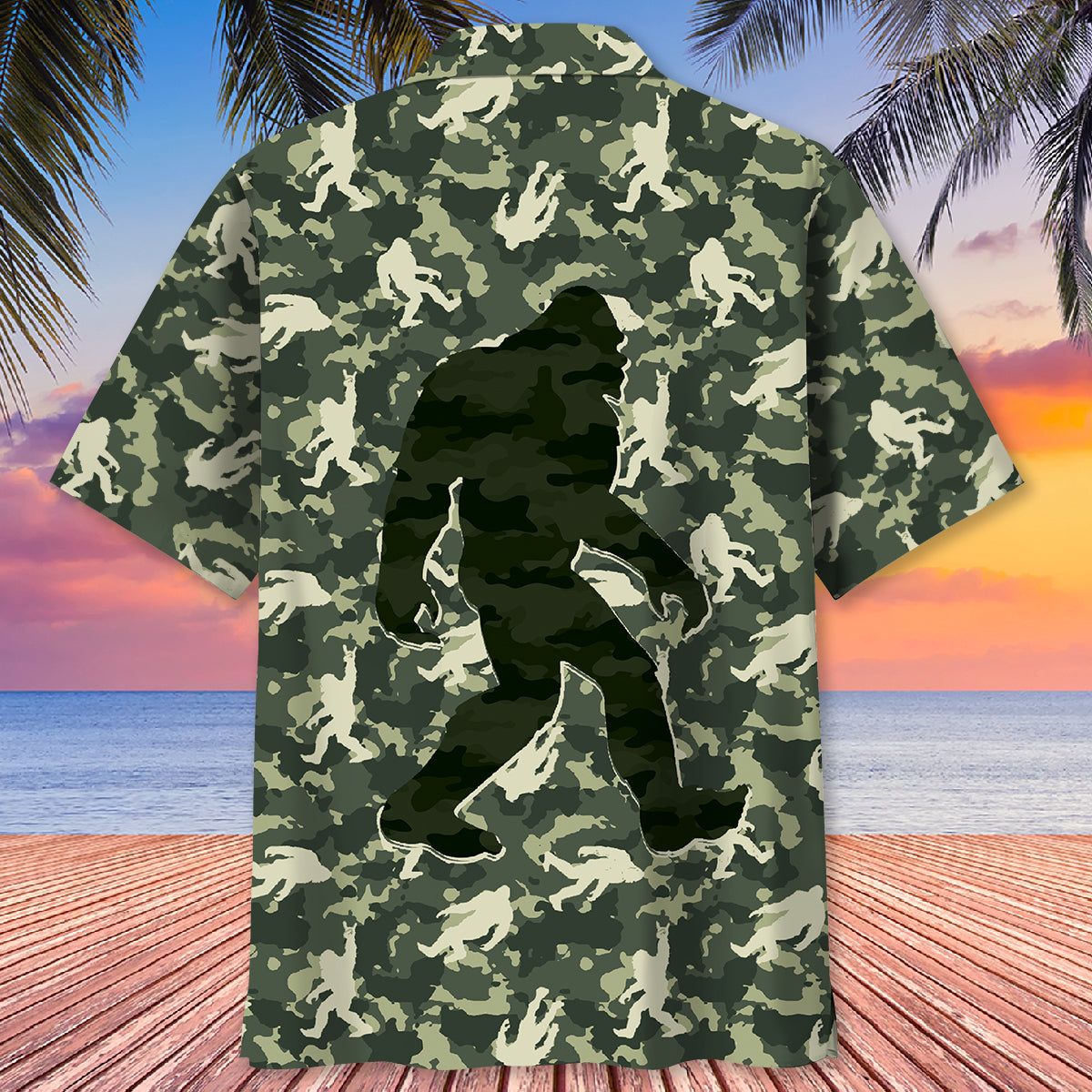 Bigfoot Believe Camouflage Hawaiian Shirt Lifestyle shot of a person wearing the Bigfoot Believe camouflage Hawaiian shirt outdoors, enjoying a sunny day.