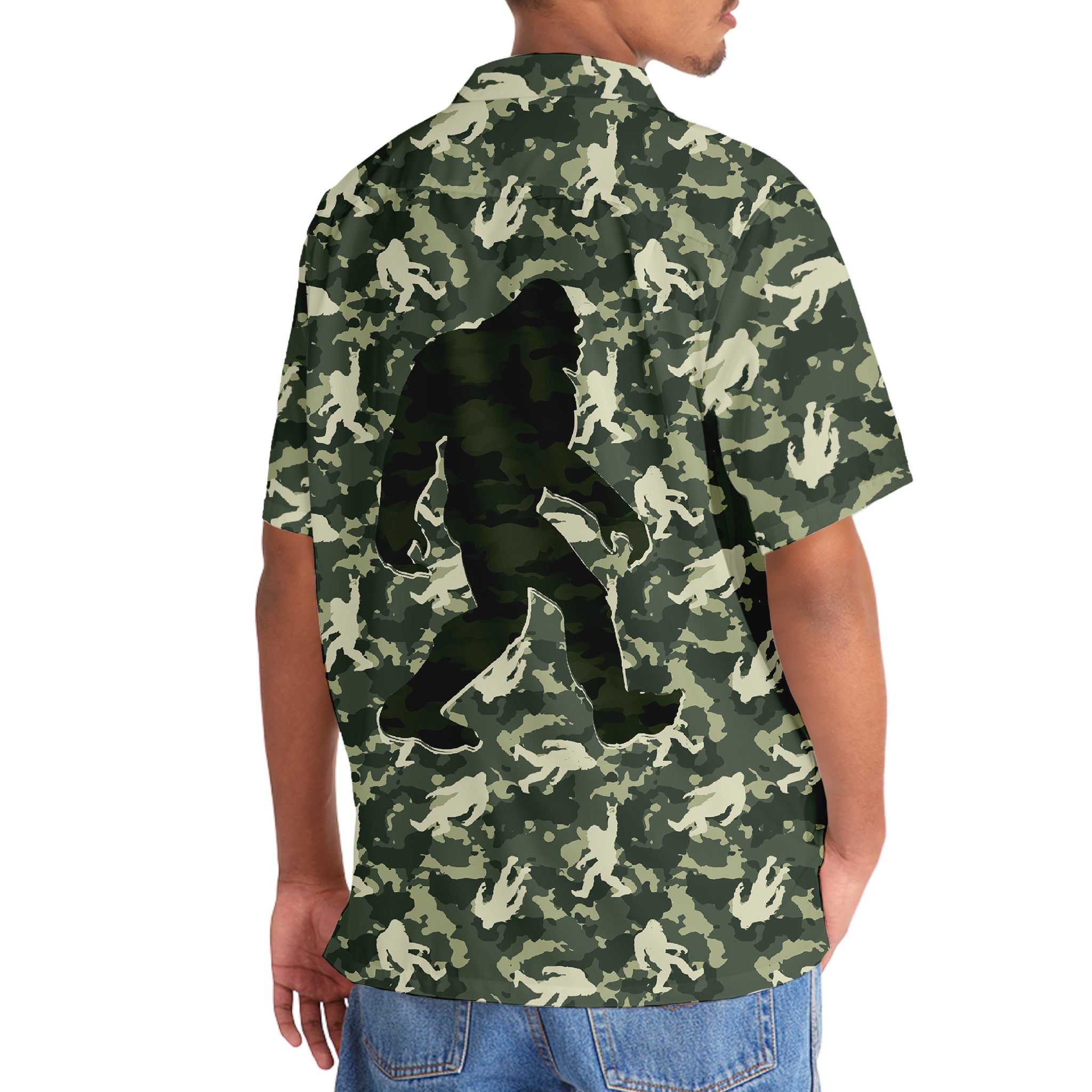 Bigfoot Believe Camouflage Hawaiian Shirt Side angle of the Bigfoot Believe camouflage Hawaiian shirt emphasizing the relaxed fit and bold Bigfoot graphic.
