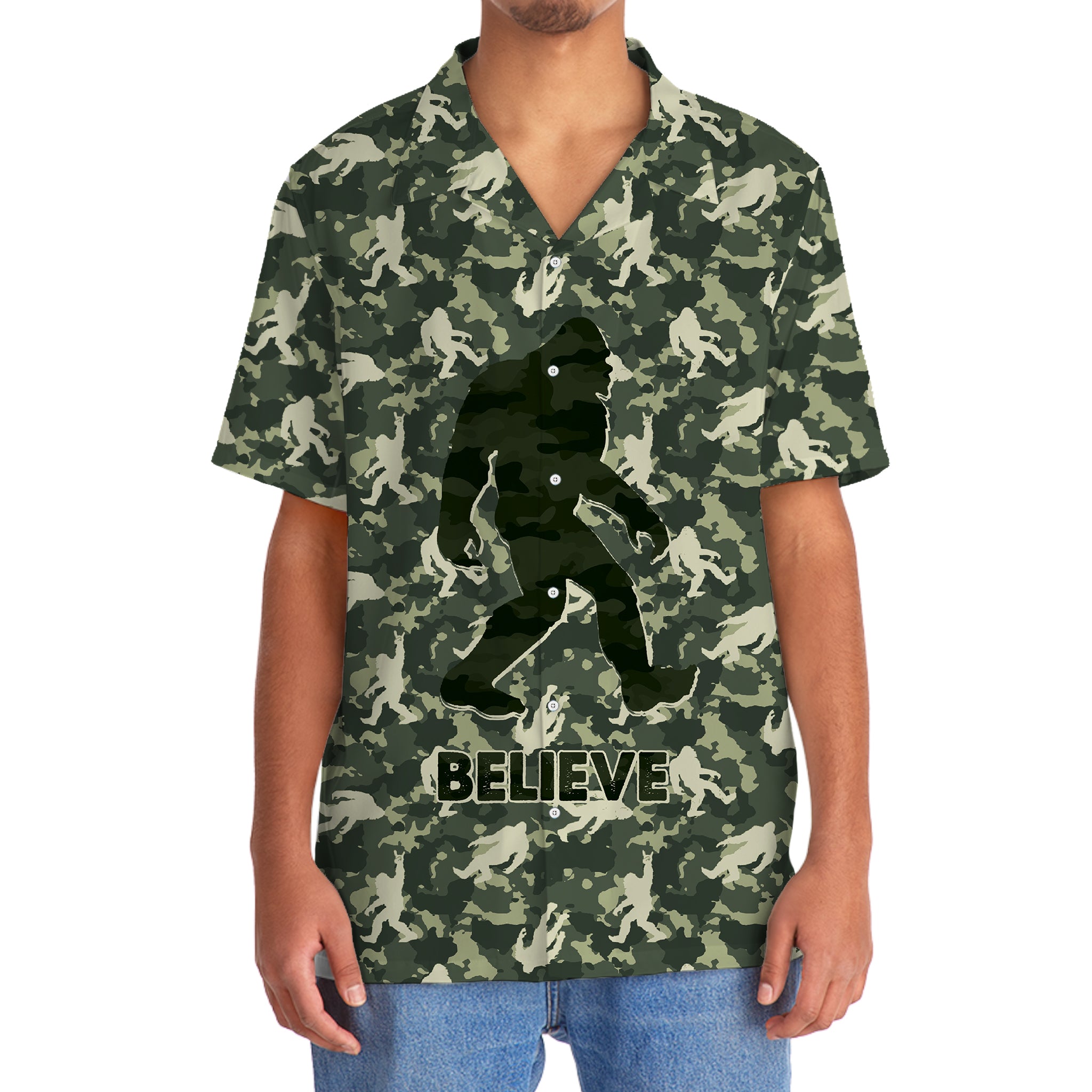 Bigfoot Believe Camouflage Hawaiian Shirt Flat lay of the Bigfoot Believe camouflage Hawaiian shirt displaying its unique colors and playful design elements.