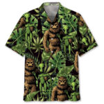Front view of the Bigfoot Alien Buddy Hawaiian shirt featuring vibrant green designs on a black background.