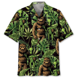 Front view of the Bigfoot Alien Buddy Hawaiian shirt featuring vibrant green designs on a black background.